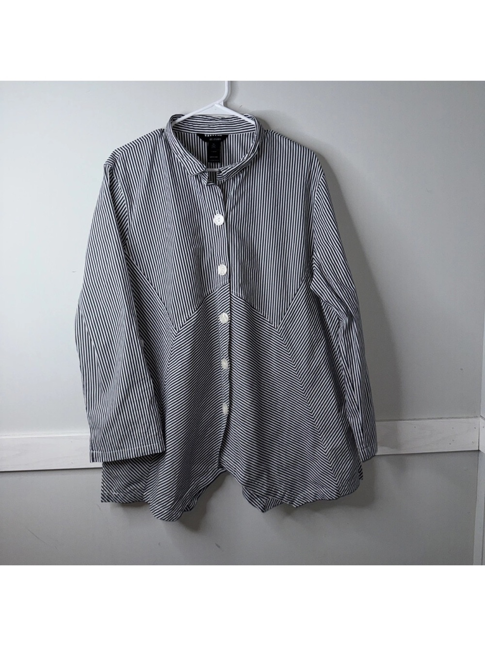 Ali Miles Artsy Grey Striped Button Front Shirt Top Sz XL Wired Collar Lagenlook